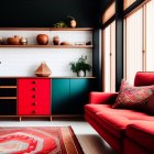 Colorful Interior with Red Rug, Black Furniture, Decorated Shelves, and Green Hanging Lamp