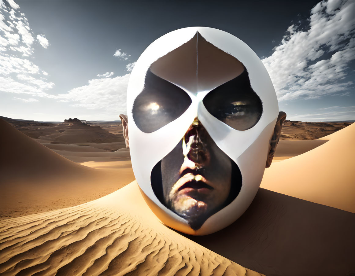 Segmented face mask with human features on desert sand dunes