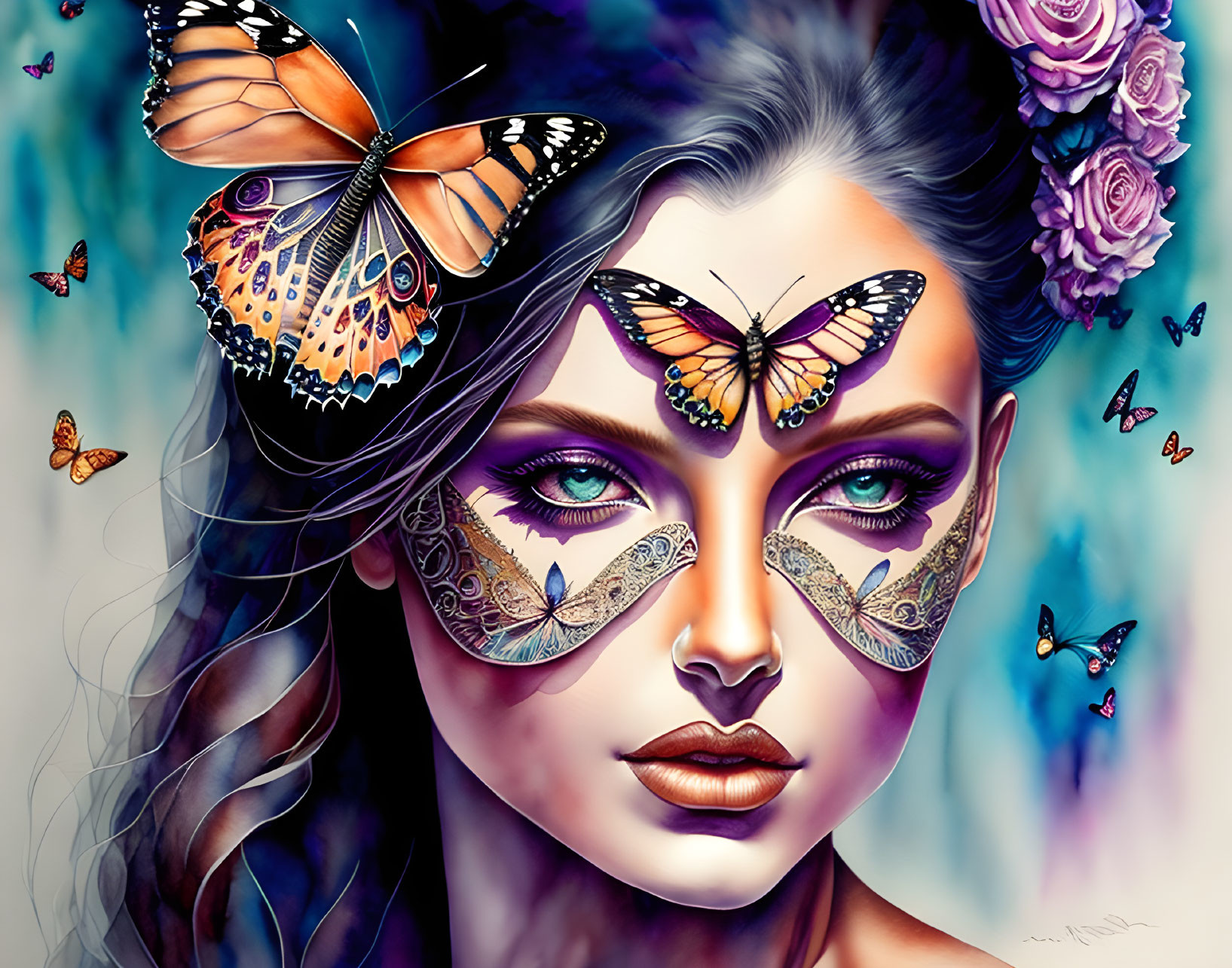 Woman with Butterfly-Themed Makeup and Real Butterflies on Blue Background