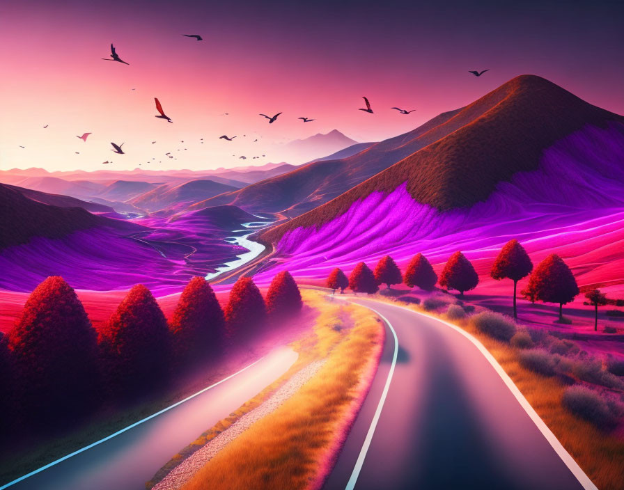 Scenic sunset drive through vibrant pink and purple landscape