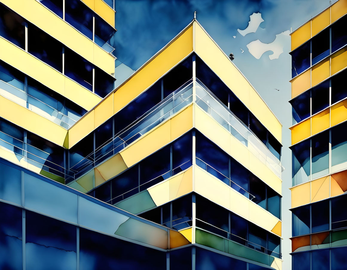 Modern building with vibrant yellow and blue panels against clear sky