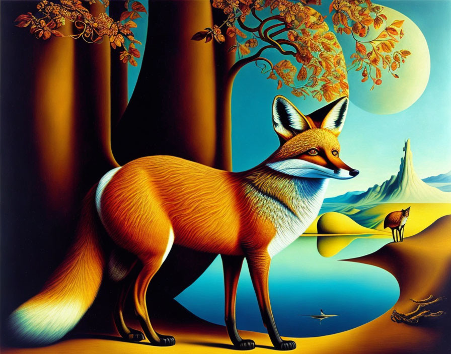Colorful fox painting in surreal landscape with tree, moon, mountain, and bird