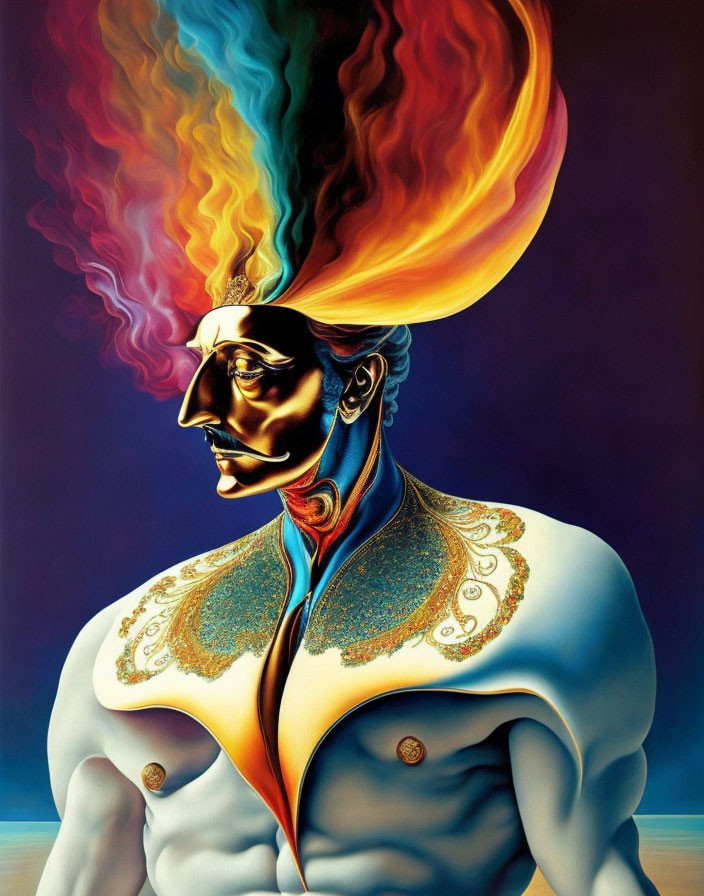 Colorful surreal portrait of figure with flame-like plume and ornate jacket