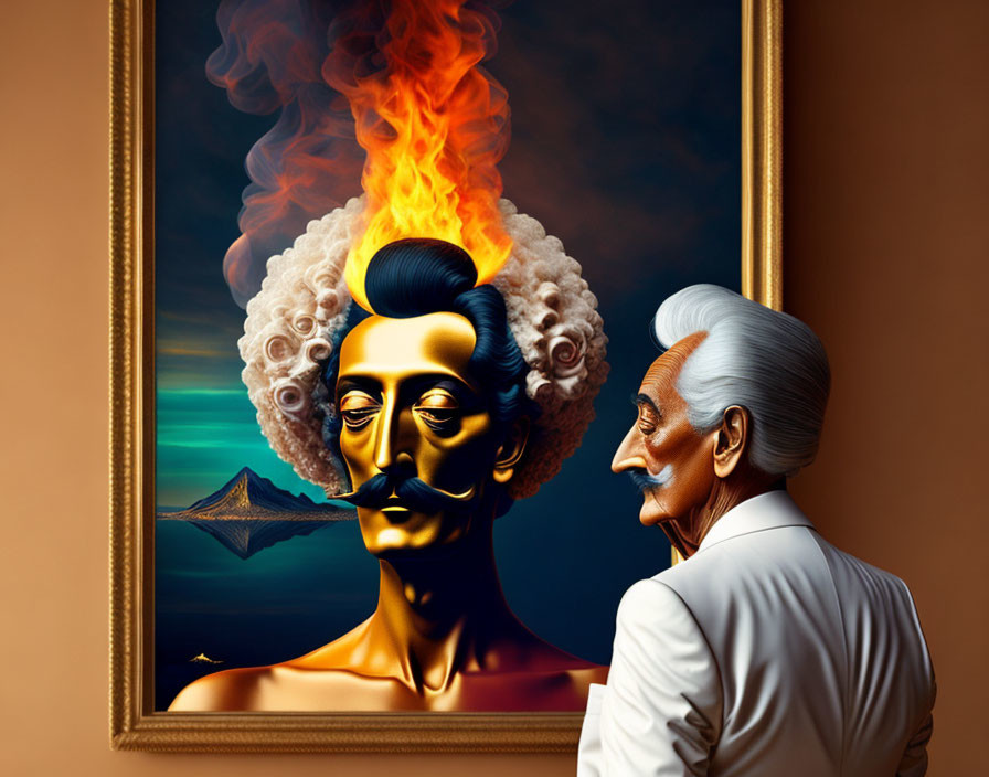 Surreal artwork: Portrait with fiery hair and contemplative observer