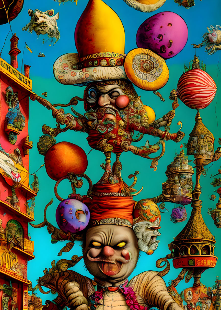 Colorful Clown Figure Surrounded by Whimsical Elements