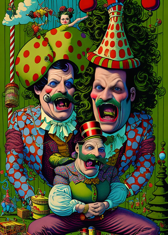 Exaggerated colorful clowns in whimsical poses on a vibrant background