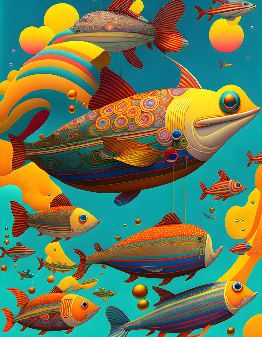 Vibrant stylized fish swimming in colorful aquatic scene