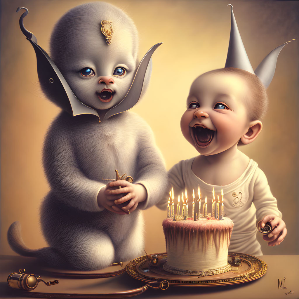 Playful Baby Laughing with Human-Like Cat Holding Birthday Cake