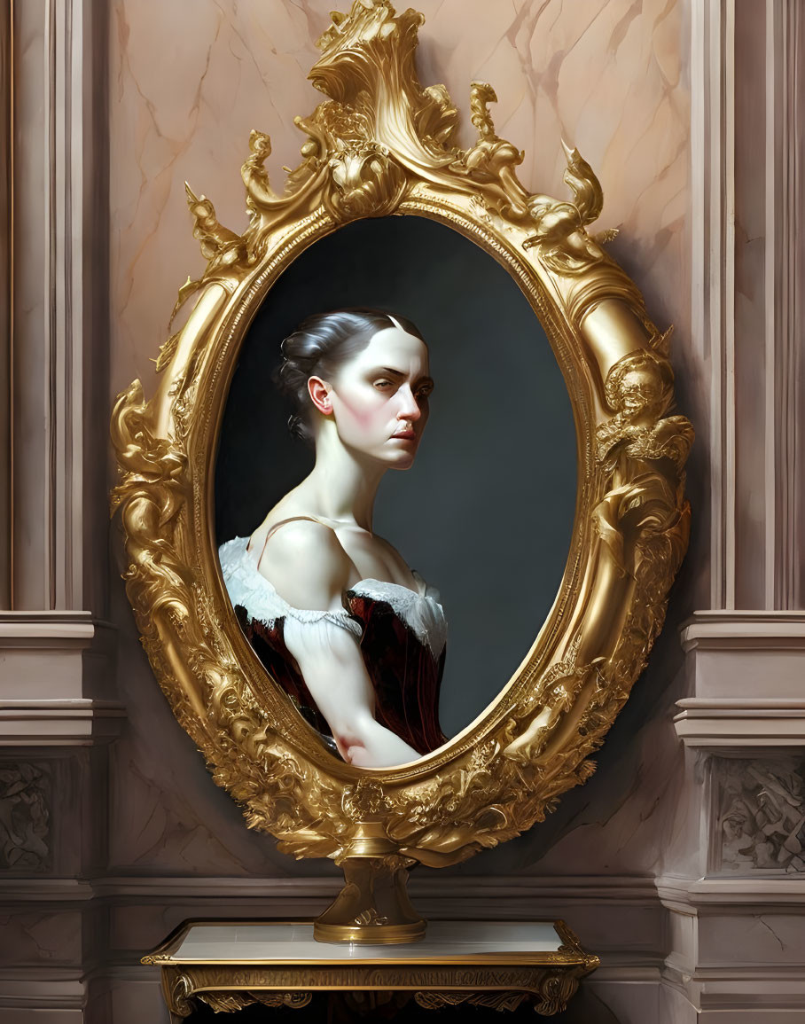 Historical woman reflected in ornate golden oval mirror on marble wall