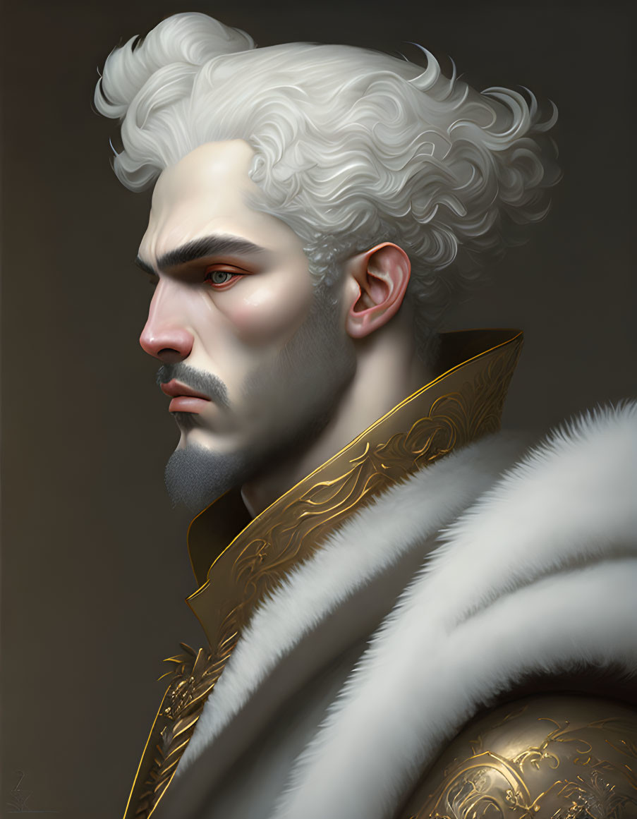 Regal man portrait with white curly hair and golden cloak