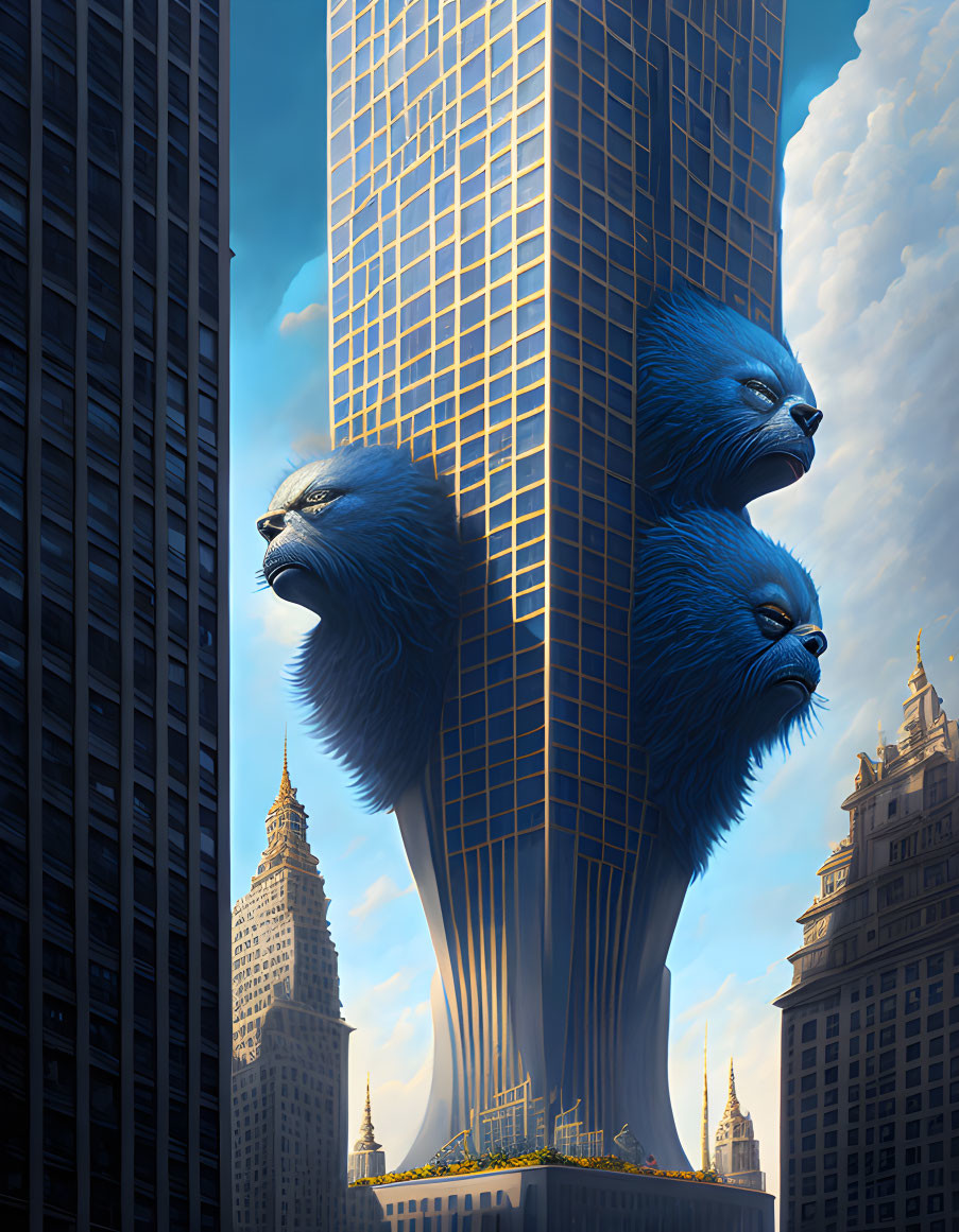 Blue lion heads skyscraper in surreal cityscape