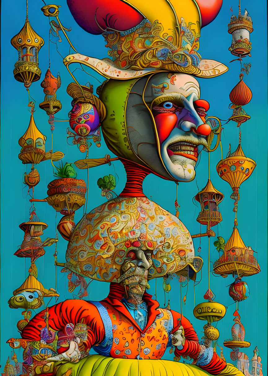 Colorful surreal illustration of clown-like figure with exaggerated features and ornate lantern background