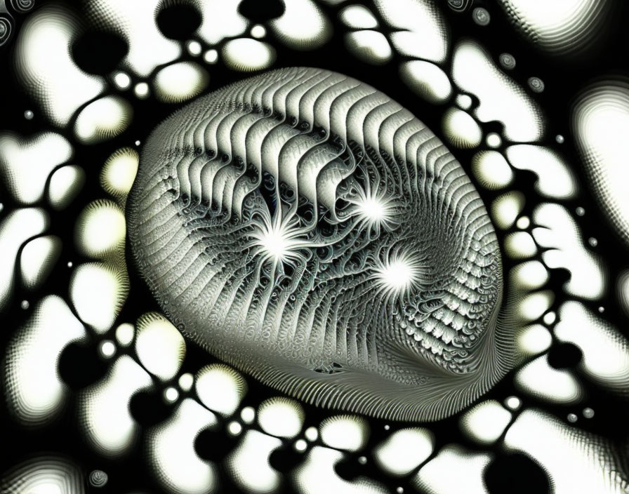Abstract Fractal Image: Central Egg Shape with Spiral Patterns and Black & White Bubbles