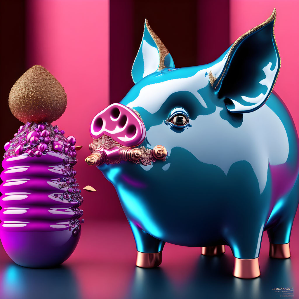 Blue Pig with Golden Hooves Sniffing Purple Ice Cream Cone