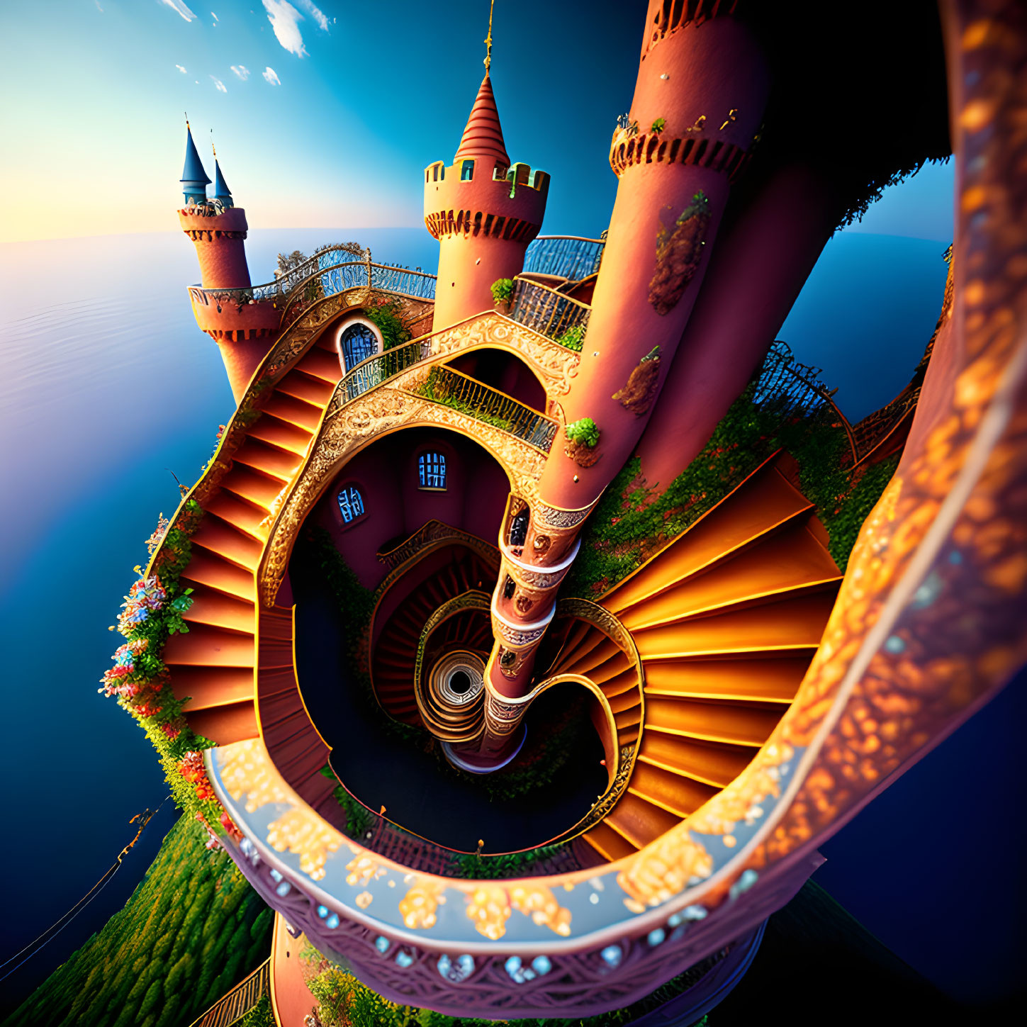Whimsical spiraling castle tower with ornate details against sunset sky