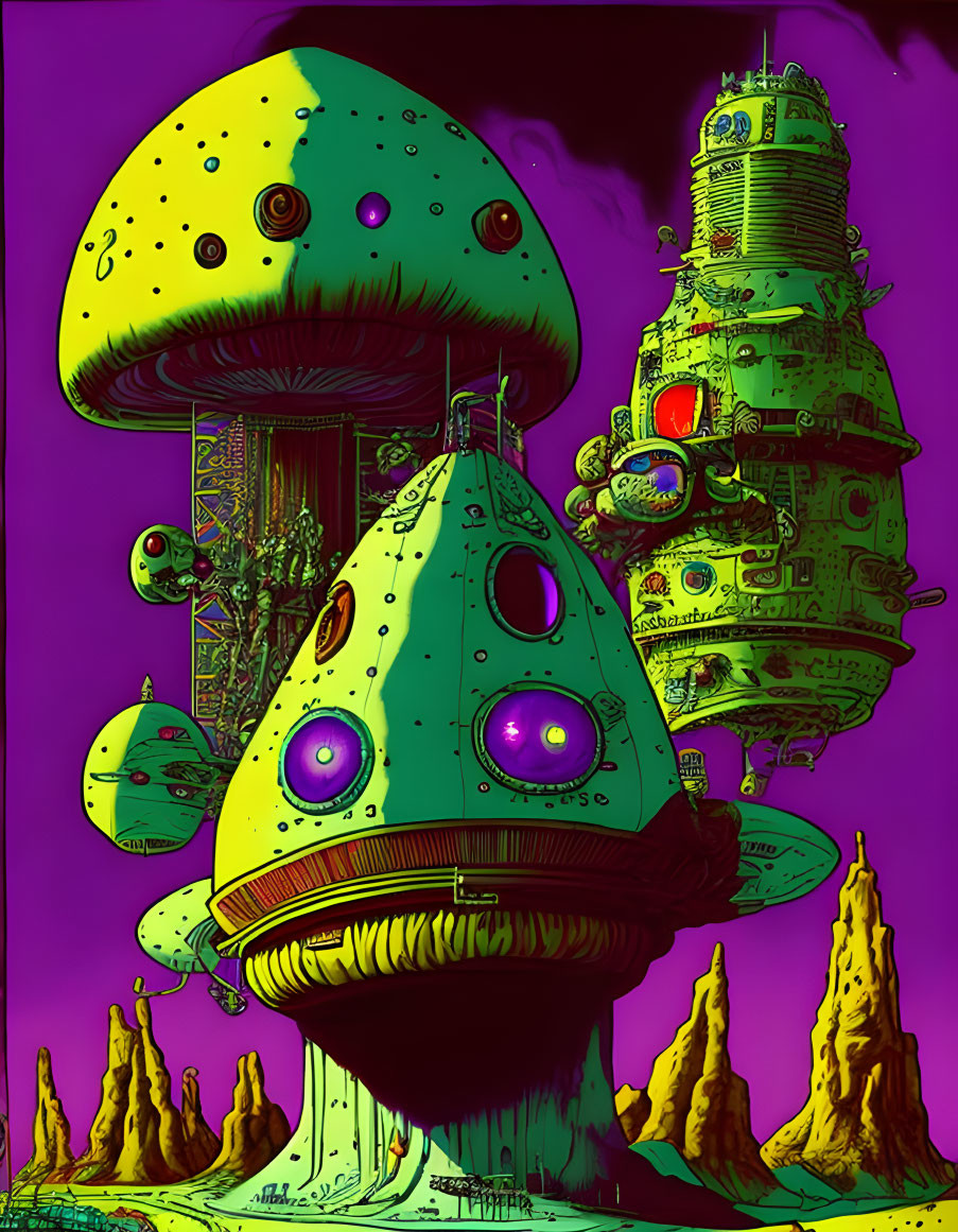 Colorful digital artwork: Mushroom-shaped buildings on alien landscape with purple sky