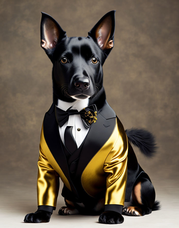 a kelpie whith a black and gold suit