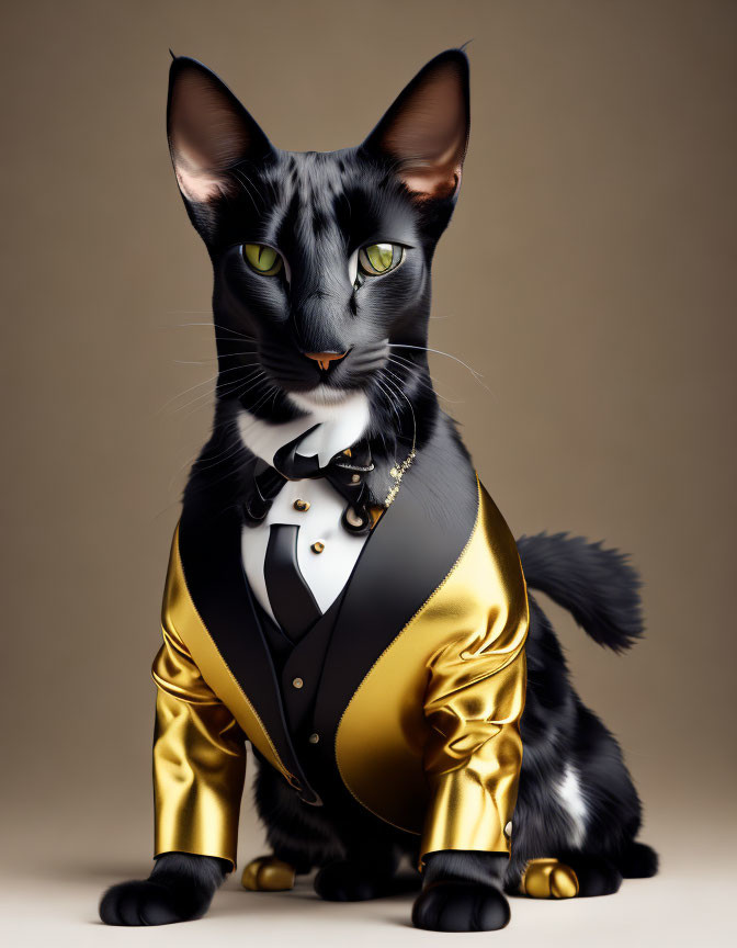 Sophisticated black cat in gold and black tuxedo with bow tie and pendant