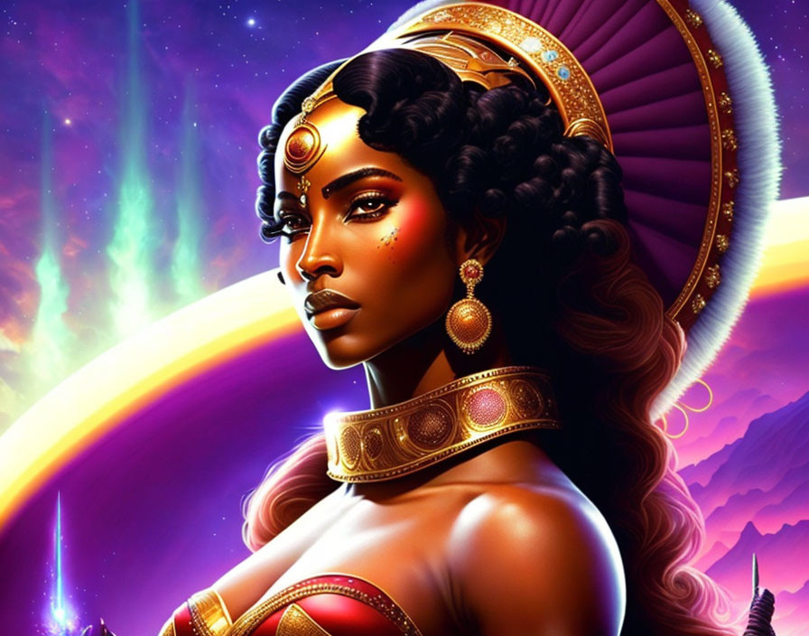 Digital illustration of majestic woman in golden headgear against cosmic purple sky.