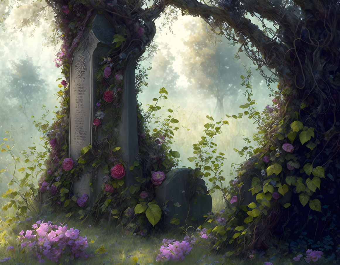Mystical gravestone in enchanted forest glade surrounded by flowering vines