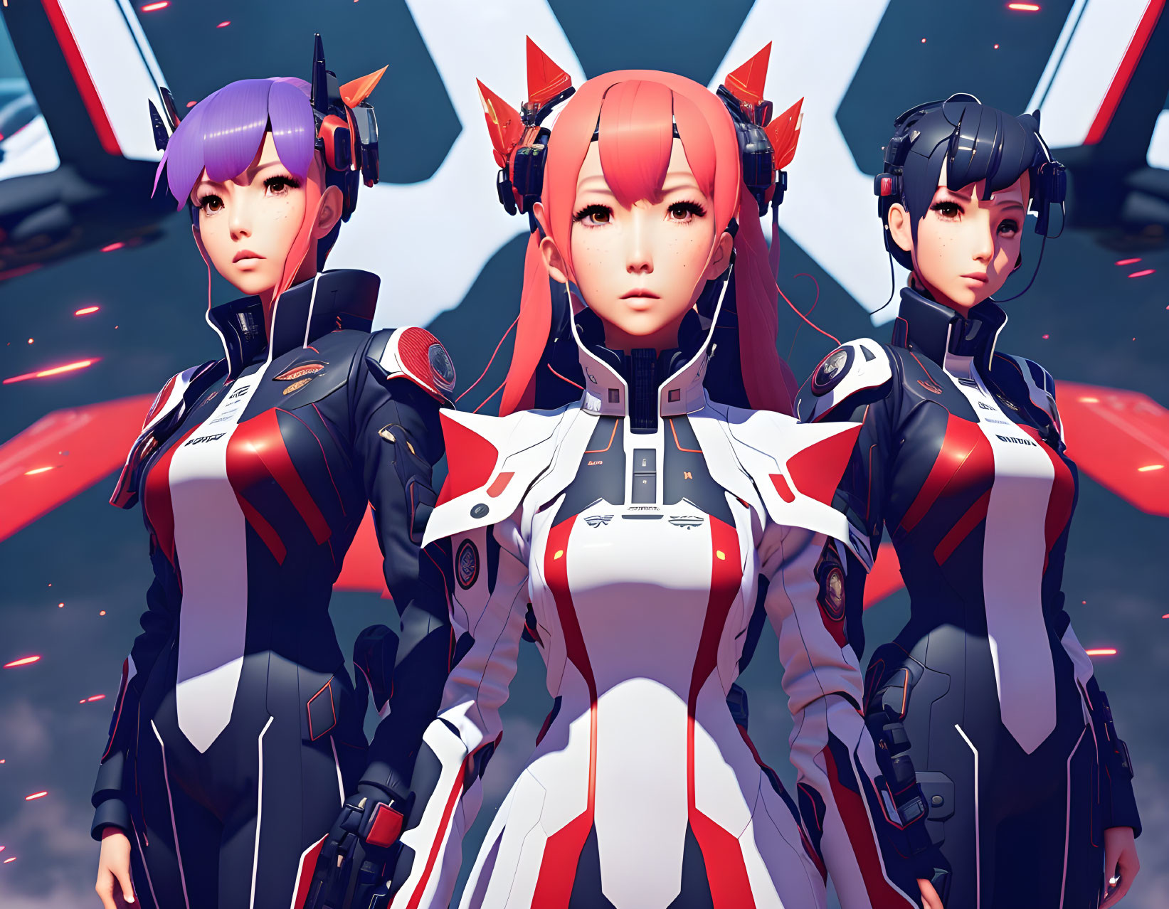 Three animated female characters in futuristic red and white outfits on abstract background