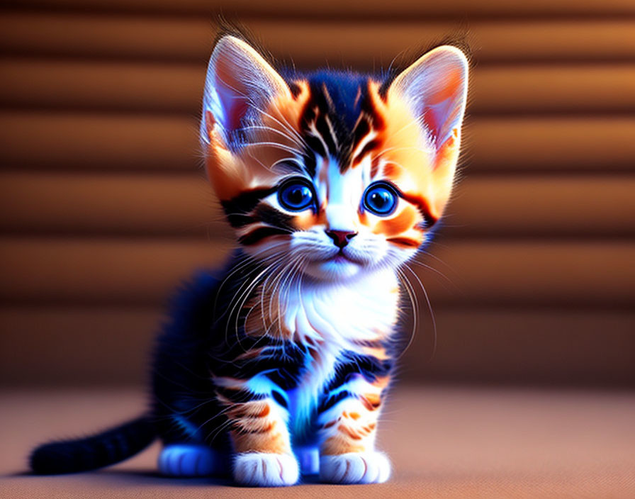 Colorful digital artwork: Kitten with large blue eyes and striped fur on blurred wooden backdrop