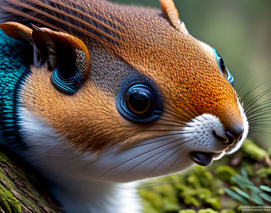 Detailed Close-Up of Squirrel with Prominent Eyes and Blue Striped Patterns