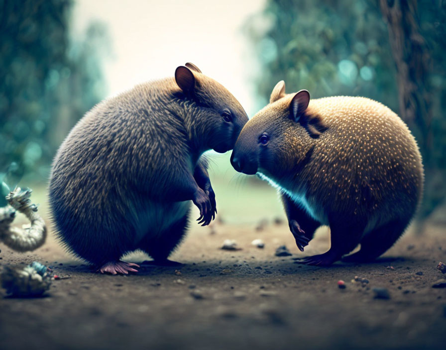 Two Wombats Meeting on Dirt Path with Soft Focus Background