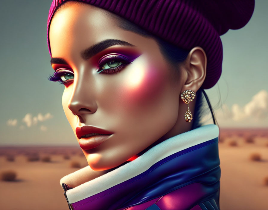 Digital portrait of woman with striking makeup and purple beanie in desert setting