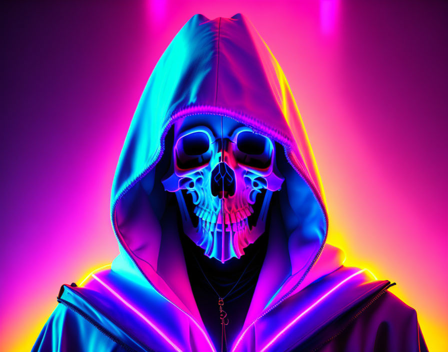 Hooded figure with neon skull mask on colorful background