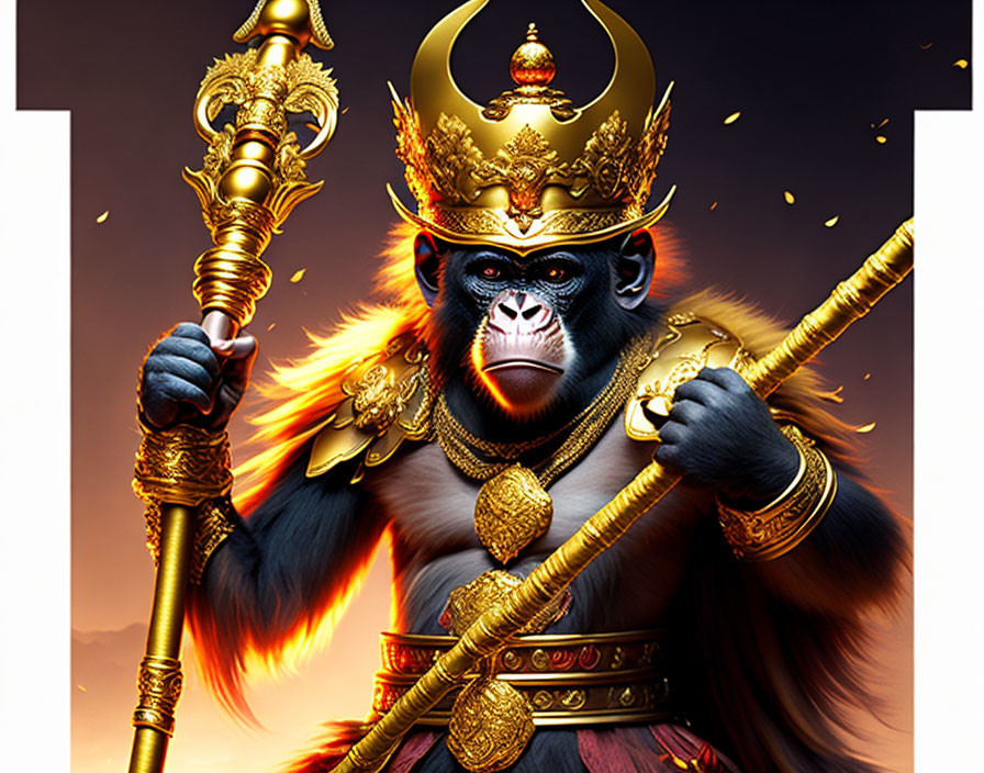 Royal gorilla digital artwork in golden armor with crown and staffs on fiery backdrop