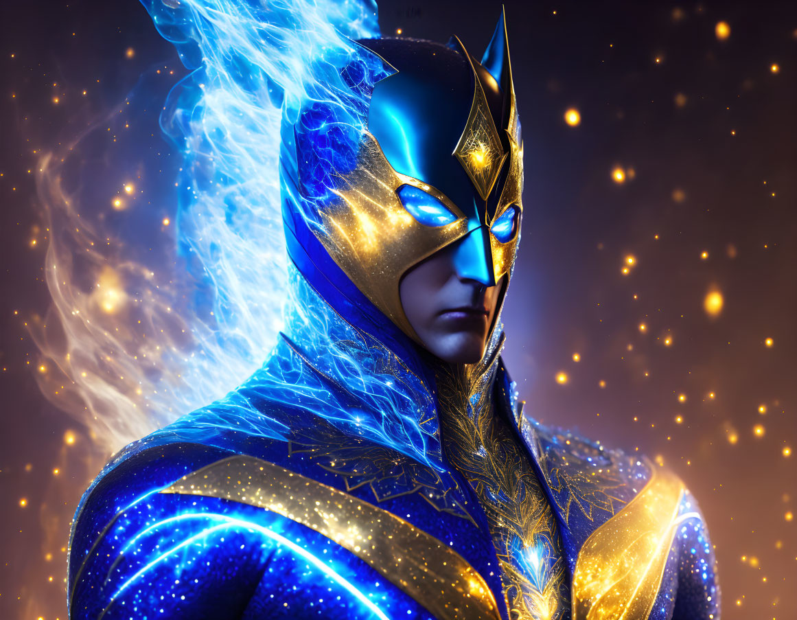 Character in Blue and Gold Costume with Helmet in Cosmic Setting