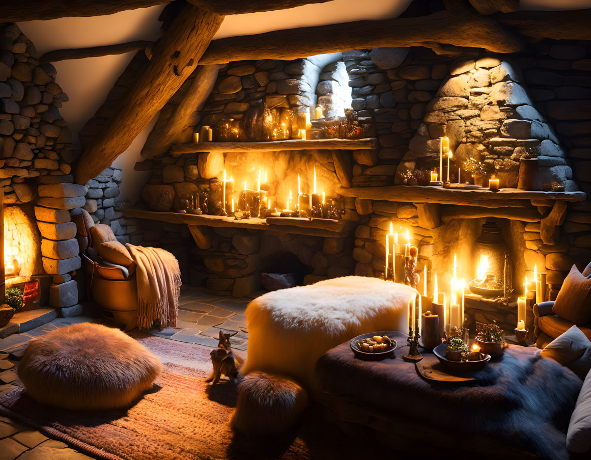 Cozy Cabin Interior with Stone Fireplace and Rustic Decor