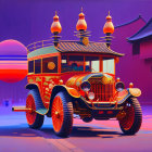 Colorful stylized illustration of ornate Asian-inspired wagon against purple sky and setting sun.