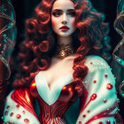 Woman with Voluminous Wavy Hair in White and Red Embellished Gown