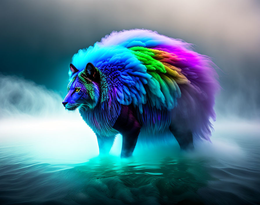 Colorful Digital Artwork: Wolf with Rainbow Mane in Misty Waters