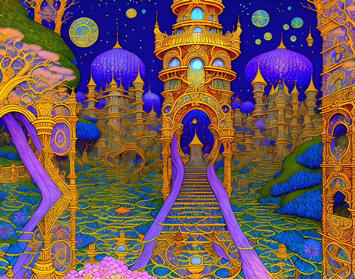 Fantastical Castle Illustration in Vibrant Purple and Gold Tones