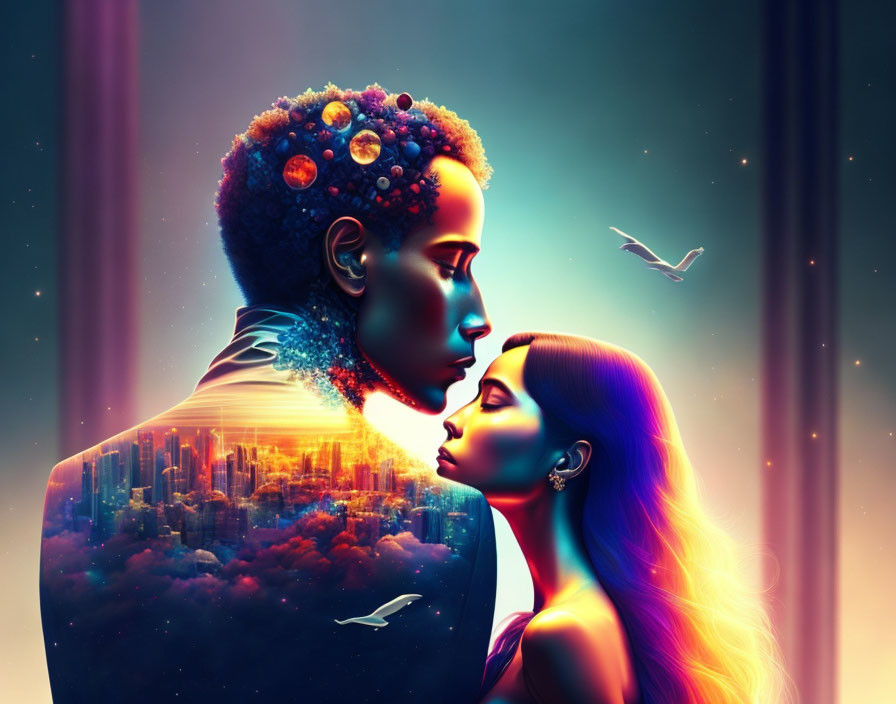 Colorful digital artwork: Male and female profiles touching foreheads, male with cityscape, female with