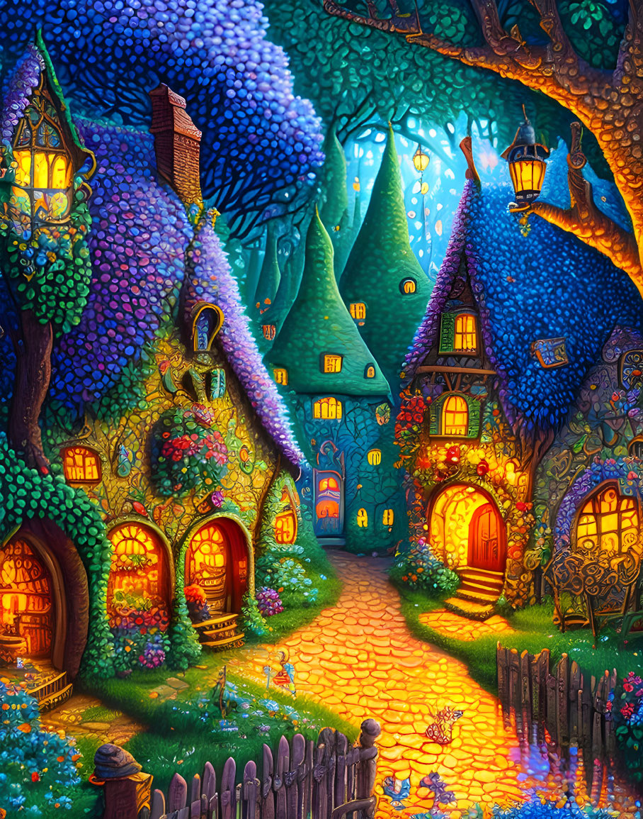 Vibrant fairy-tale village with whimsical houses and glowing lanterns