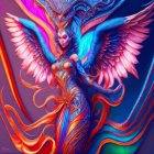Colorful illustration: Woman with angelic wings and feather headdress in mystical setting