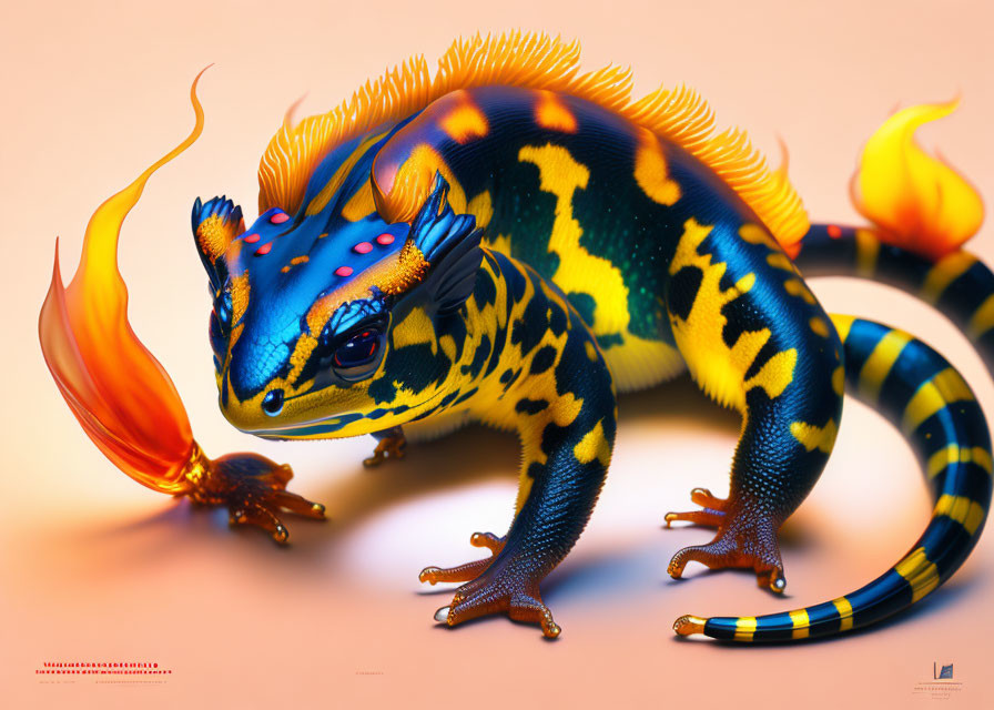 Vibrant Blue and Yellow Salamander Creature with Fire Elements