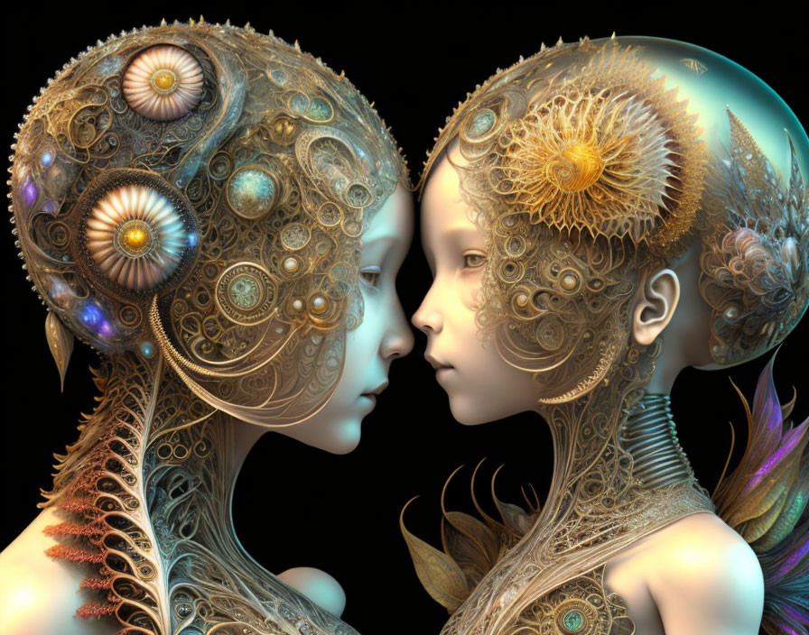 Steampunk-style profile heads with intricate mechanical details on black background