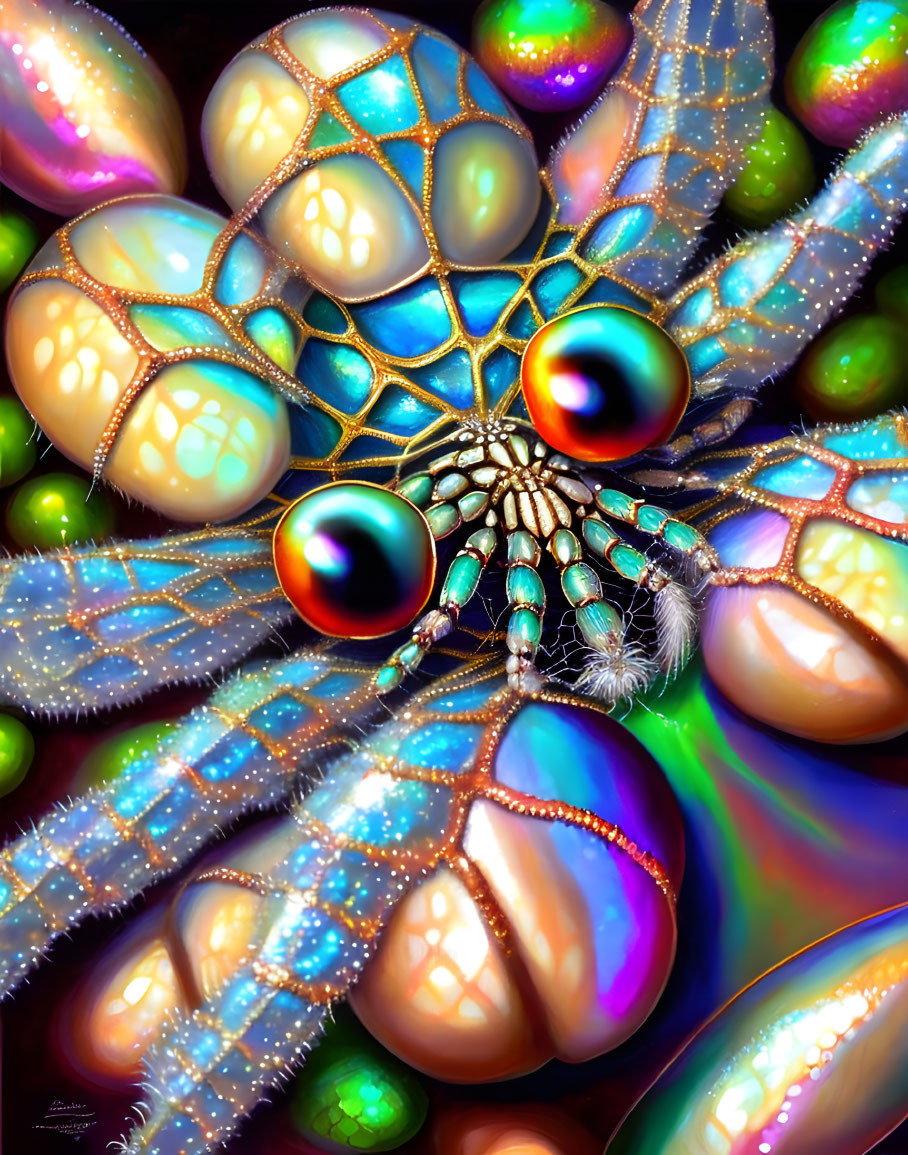 Vibrant art: Iridescent spider with sparkling webs and jewel-like body.