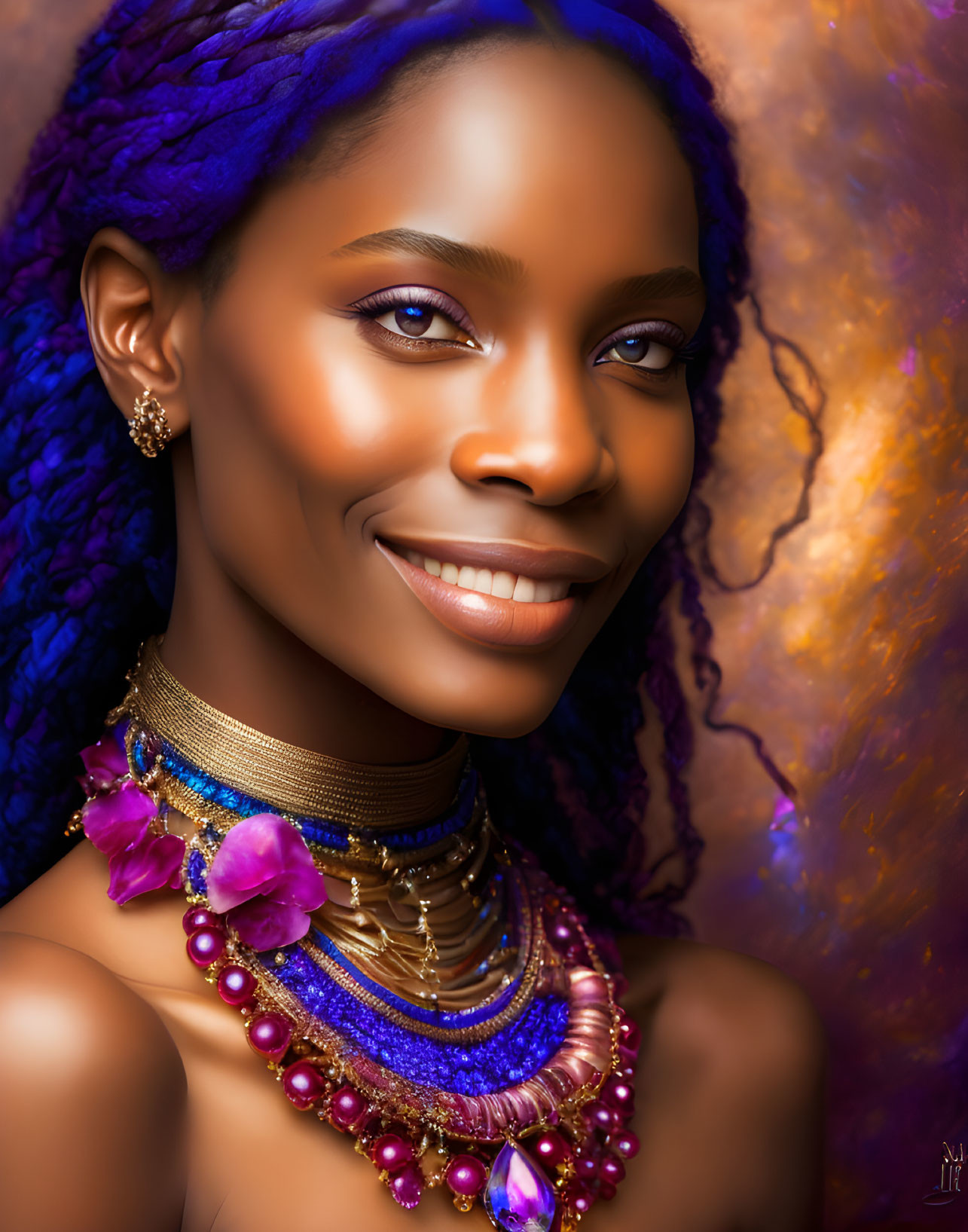 Colorful portrait of a woman with blue hair and vibrant skin against abstract backdrop