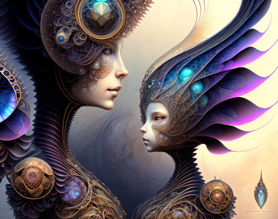 Digital art: Two faces with ornate mechanical headdresses, intricate gears, glowing jewels on soft,