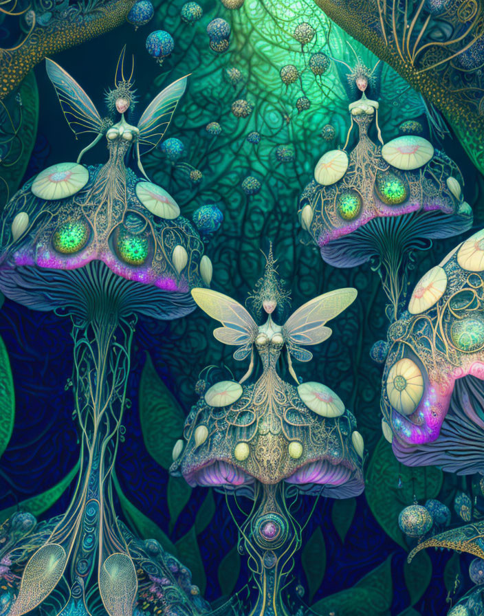 Intricate Glowing Mushrooms and Fairy-Like Creatures in Mystical Forest