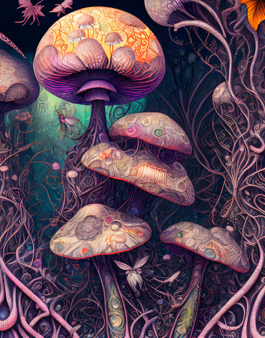 Colorful Bioluminescent Mushroom Art in Alien Flora Setting
