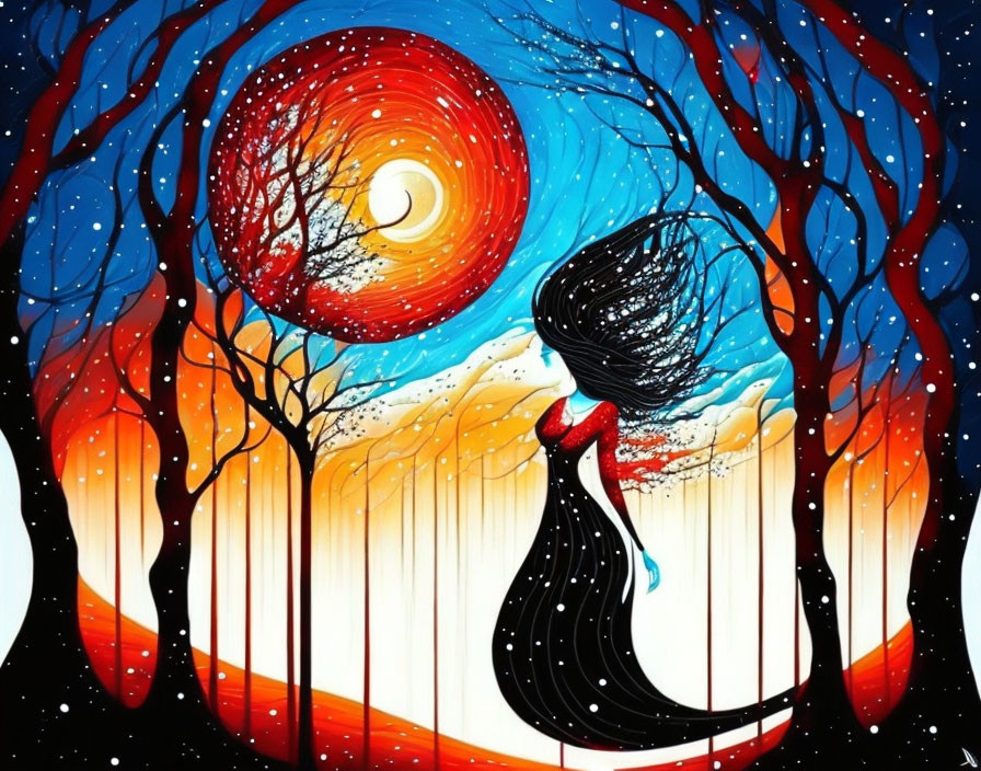 Silhouetted figure in flowing dress under swirling sky and dark trees
