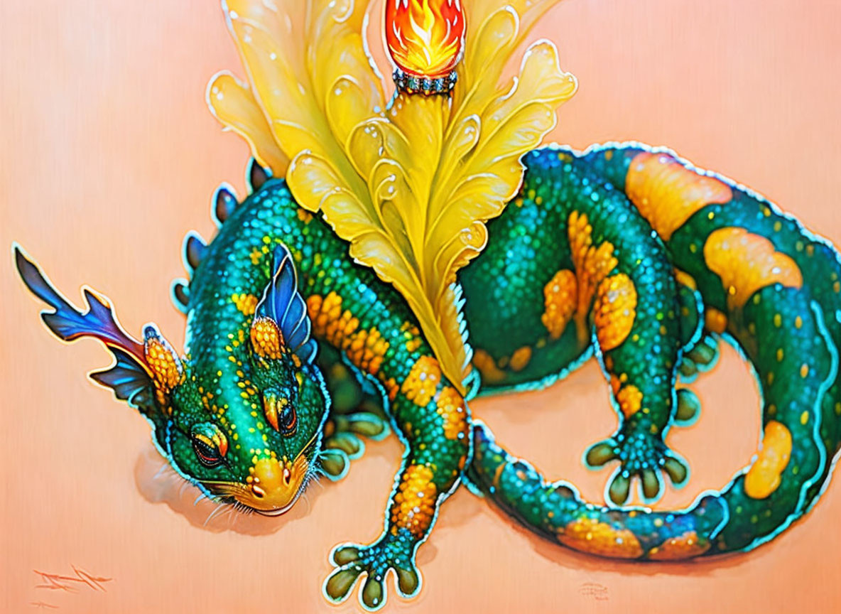 Vibrant Blue and Yellow Fantasy Lizard with Flame-Like Crests