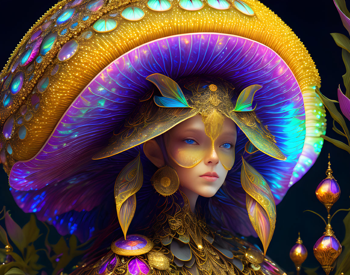 Fantasy illustration of woman with mushroom headpiece and ornate flora